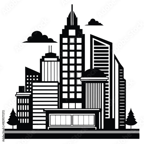 Black and white silhouette displays stylized cityscape with buildings, clouds, and trees showing simplicity