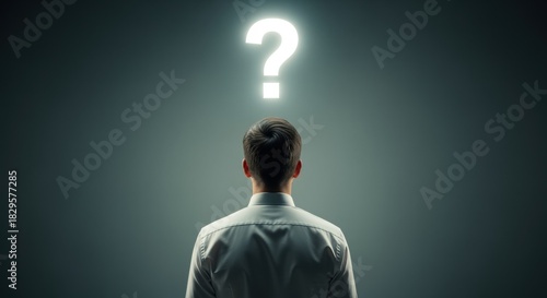 A man in business attire stands with his back to the camera, contemplating a glowing question mark above his head, symbolizing uncertainty and decision-making in atmospheric lighting.