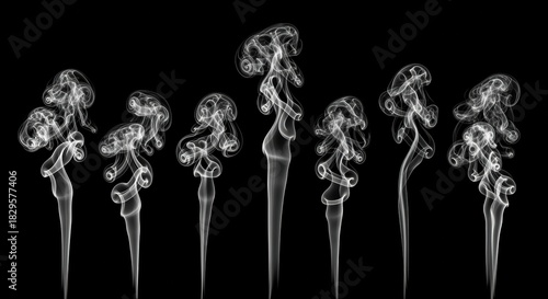 Ethereal smoke plumes swirl against a dark backdrop, forming captivating abstract shapes that convey a sense of energy, mystery, and the ephemeral nature of existence.