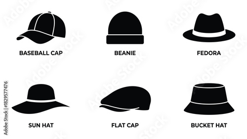 Set of baseball cap beanie fedora sun hat flat cap bucket hat icons