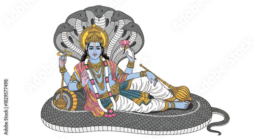 Lord Vishnu Resting on Shesha Naga with a Conch and Lotus