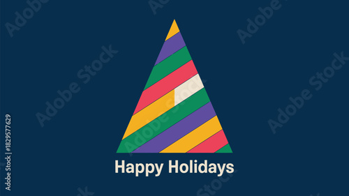 A stylized christmas tree composed of colorful stripes on a dark blue background with holiday greetings