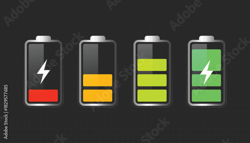 Battery status indicators on dark background with different charge levels and charging icon