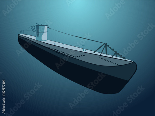 A military submarine from World War II. Vector illustration of a submarine in the depths of the blue sea. For your naval and adventure-themed prints.