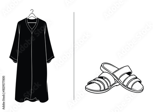 Black abaya dress on a hanger next to a pair of two-strap sandals with a vertical dividing line