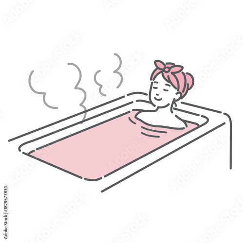 入浴中の女性のイラスト。湯船に浸かりリラックス。