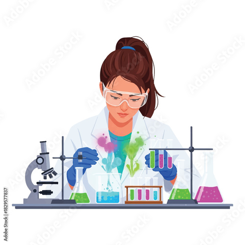Scientist conducting experiment with colorful chemicals in laboratory glassware