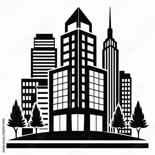 Black city silhouette showcases tall buildings, trees, and a modern skyline