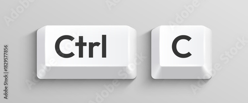 White Ctrl and C keyboard keys representing the copy command, isolated on a light background. Vector illustration