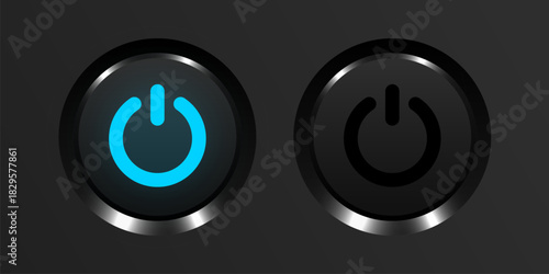 Modern power button icon showing on and off states. Blue illuminated switch on dark background. Vector illustration.