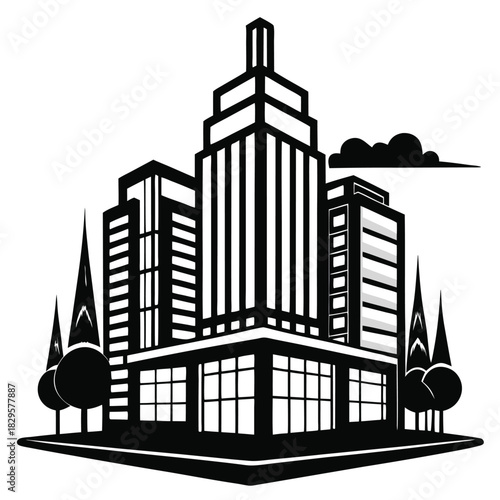 Striking monochrome cityscape shows towering buildings surrounded by trees and a solitary cloud overhead