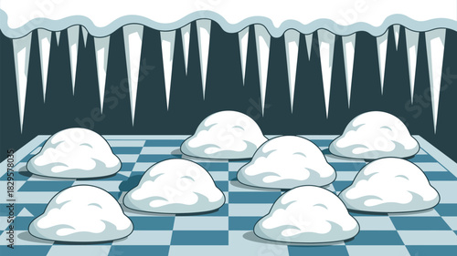 Cartoon image of snow mounds on a checkered floor with icicles hanging from the ceiling in a cold room
