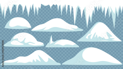Illustration of snowdrifts and icicles on a transparent background depicting a winter scene design element
