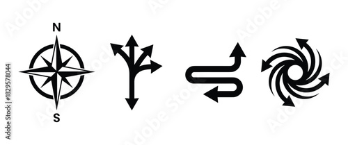 Set of black navigation arrows and direction symbols in flat style