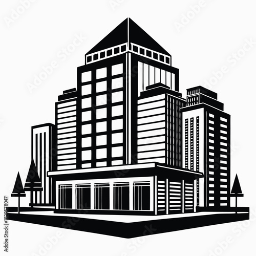 A black and white building complex stands impressively, flanked by stylized tree shapes