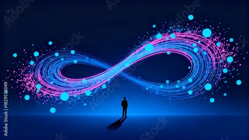 A deep blue gradient background, creating a profound and mysterious tech atmosphere. The picture contains flowing linear particles that form a Möbius strip
