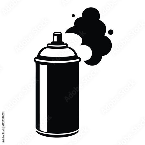 Isolated black spray paint can is spraying, creating a smoky cloud on white background