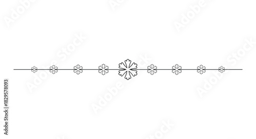 Minimal horizontal divider with delicate black snowflakes aligned along a thin line on a clean white background, ideal for Christmas invitations, greeting cards, web banners, page borders and winter