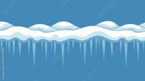 A cartoon illustration of snow covered hills with icicles hanging down against a blue background color