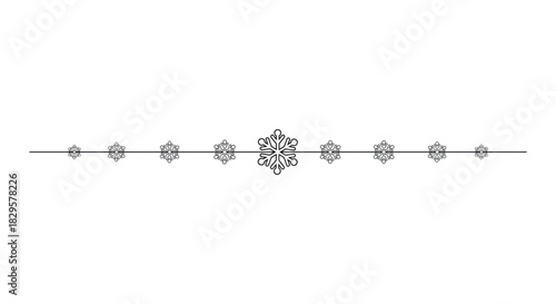 Minimal horizontal divider with delicate black snowflakes aligned along a thin line on a clean white background, ideal for Christmas invitations, greeting cards, web banners, page borders and winter
