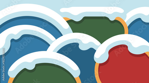 Abstract illustration of snow covered hills in blue green and red with rounded edges design art