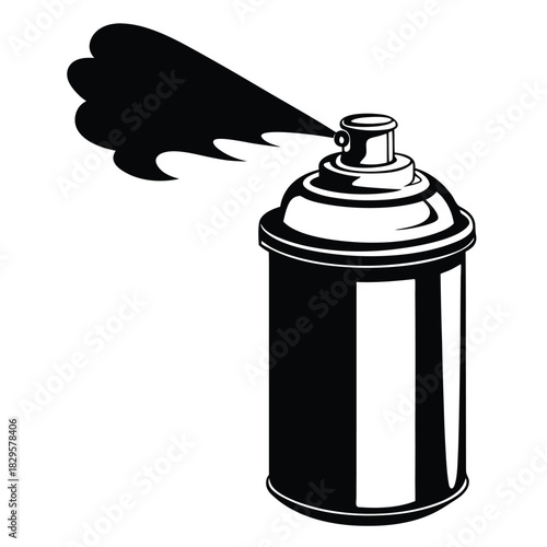 Black spray paint can is spraying a stream on a white background in monochrome