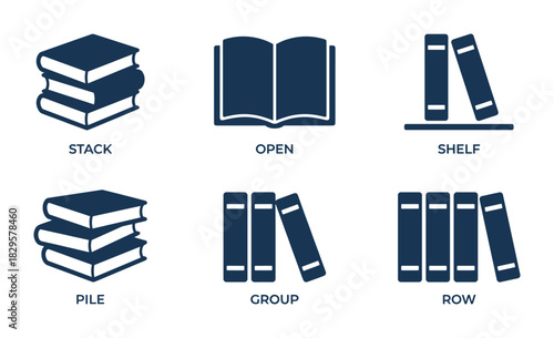 Book icons set depicting various arrangements like stacks, open books, and shelves
