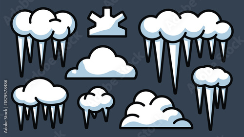 A collection of cartoon clouds and icicles isolated on a gray background in a simple vector style