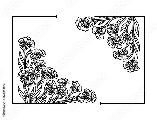 Botanical frame with small bellflowers and geometric line details creating a modern border