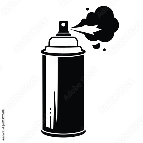 Black aerosol can sprays a cloud of propellant as it is used for application