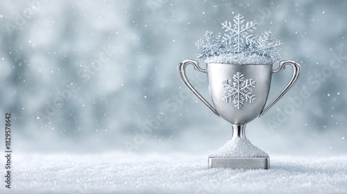 A silver trophy with snowflakes on it sits on a snowy surface
