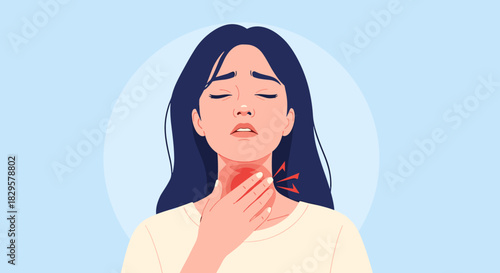 A young woman experiencing a painful sore throat, with her hand on her neck, indicating discomfort and illness.