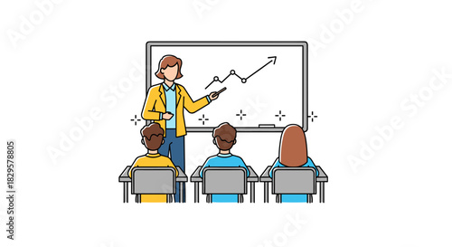 A female teacher explains a line graph on a whiteboard to students seated at desks, depicting a learning environment in a classroom.