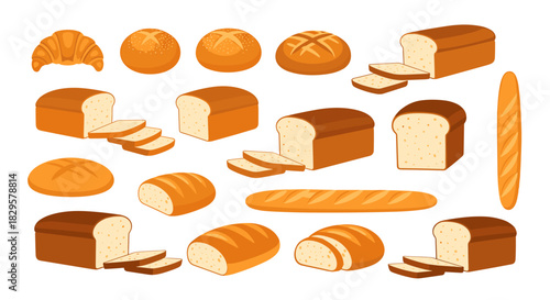 Collection of various fresh baked bread products, including loaves, rolls, baguettes, and croissants on a white background.