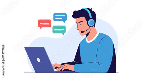 Young man in a headset works on a laptop, providing online customer support or engaging in virtual communication.