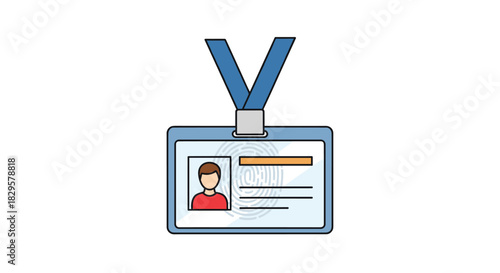 Flat design illustration of an ID card with a picture, text fields, and a fingerprint on a blue lanyard, representing personal identification.