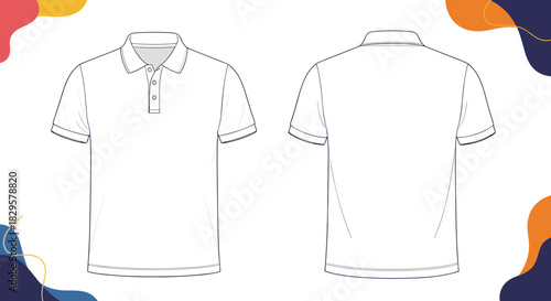 Technical fashion drawing showcasing front and back views of a classic white short-sleeve polo shirt, perfect for apparel design.