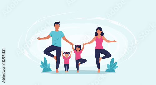 Happy family of four practicing yoga together, standing in tree pose for health and wellness.