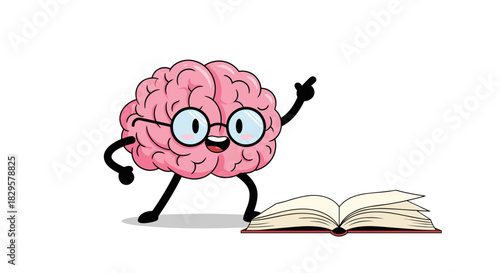 A happy cartoon brain wearing glasses points upwards next to an open book, symbolizing learning, ideas, and education.