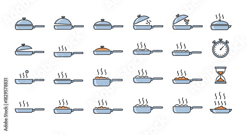 A collection of flat design cooking icons illustrating different stages of food preparation in frying pans, along with timing tools like a stopwatch and hourglass.