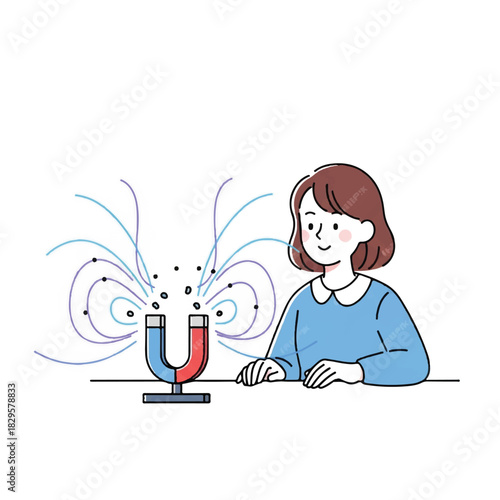 Woman observing magnetic field lines attracting small particles with a horseshoe magnet
