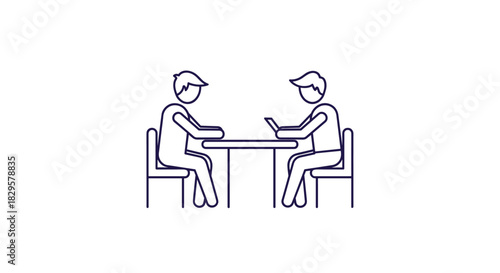 Two professional stick figures are engaged in a meeting or collaborative work session at a table, one using a laptop and the other taking notes.