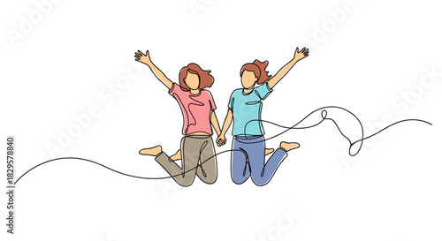 Two cheerful women jump and hold hands, depicted in a continuous line art style with colorful fills, symbolizing joy, friendship, and freedom.