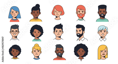 Diverse group of cartoon avatars showcasing various genders, ethnicities, and hairstyles, representing a multicultural community.