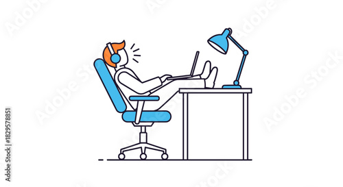A relaxed person wearing headphones, using a laptop with feet on the desk, symbolizing remote work or casual office environment.