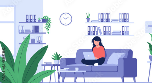 A woman works on her laptop while sitting comfortably on a sofa in a modern home office with plants and bookshelves.