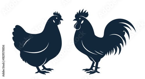 Stylized dark blue silhouettes of a hen and a rooster facing each other, representing poultry, farming, and domestic birds.