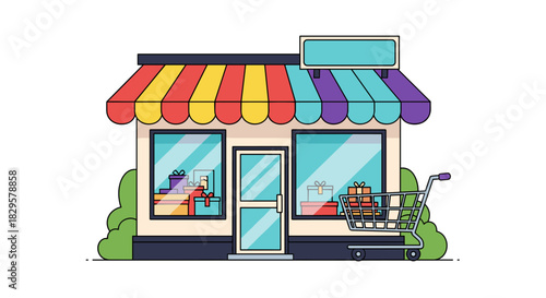 A cheerful cartoon illustration of a boutique shop with a colorful striped awning, gift-filled display windows, and a shopping cart.