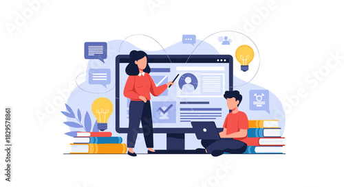 Female instructor teaches a male student about online education and e-learning using a computer screen.