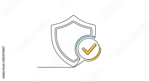 Continuous line drawing of a security shield with a checkmark, symbolizing protection, verification, and safety.